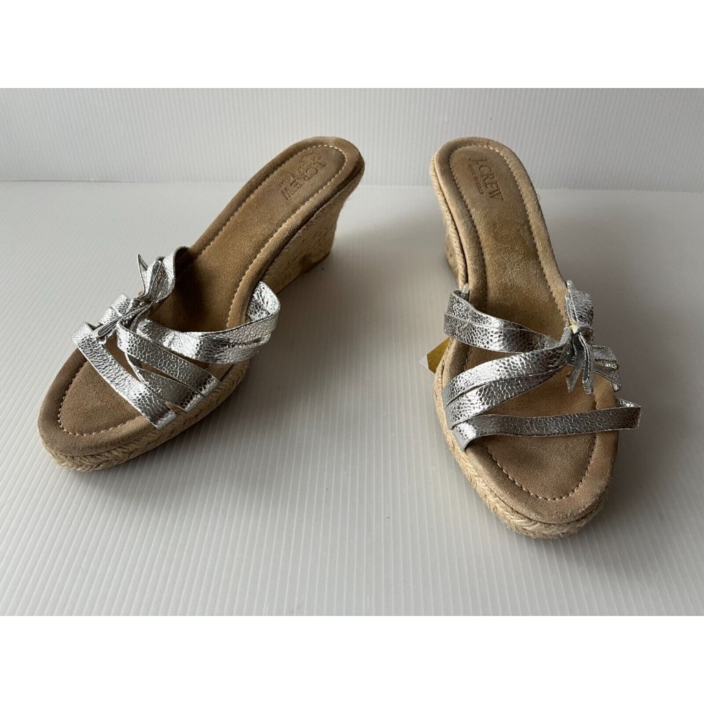 J. Crew Shimmering Silver Strappy Espadrille Wedge Heels, Size 9 (Us)